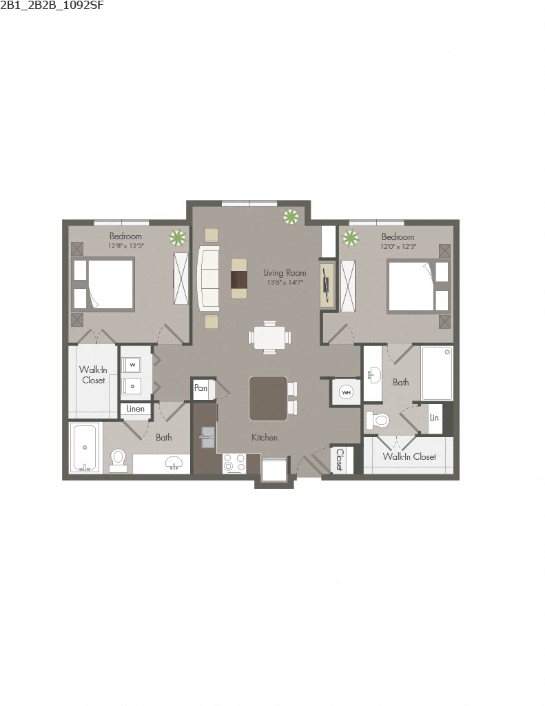 Floor plan for 2 beds, 2 baths, 1135 sqft